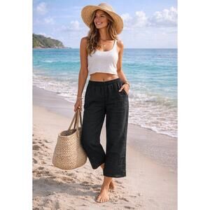 Stonebridge Black Boho Harem Pants Embroidered Waist Linen Blend L